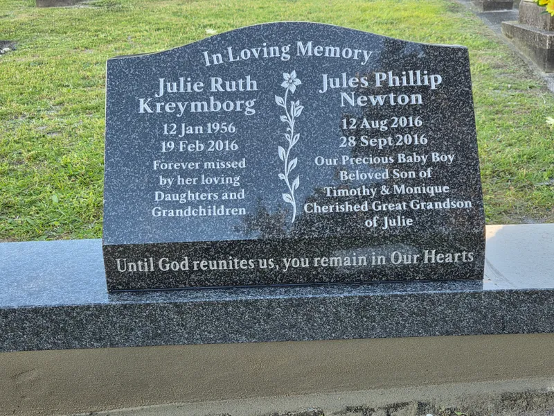 Close view of a grey granite double headstone with engraved flowers